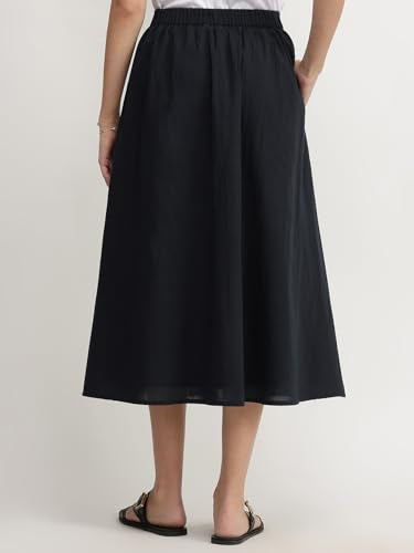 Pink Fort Linen Blend Solid Flared Skirt - Black