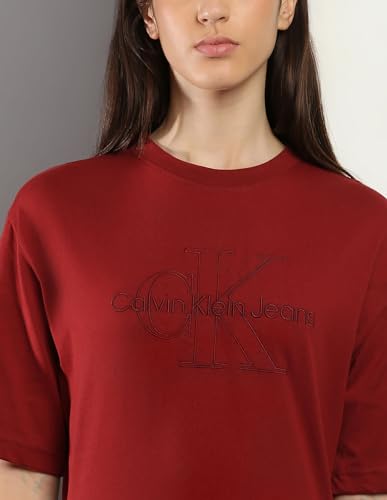 Calvin Klein Red Cotton Printed Round Neck Short Sleeves Regular Fit Women Dress