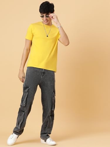 KOTTY Men's Solid Mid Rise Straight Fit Stylish Looking Cargo Jeans(Grey,30)