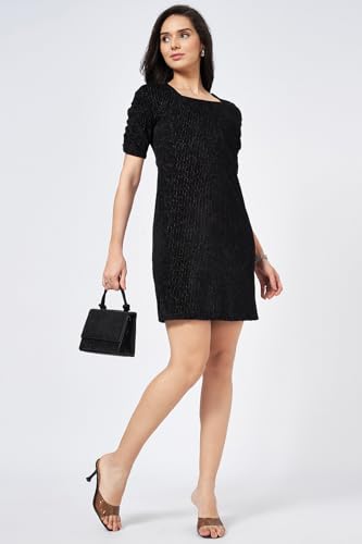 Annabelle by Pantaloons Women's Polyester Elastane Lurex Classic Knee Length Dress (110154970001_Jet Black