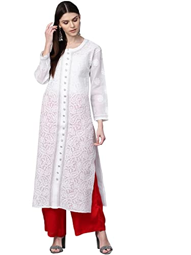 Ada Handmade Lucknowi Chikankari Women's Pure Cotton Kurta Kurti XS345926 White