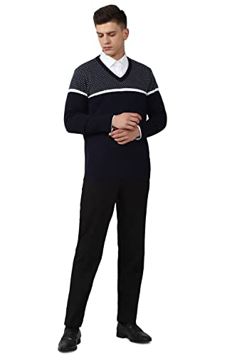 Men Navy Print V-Neck Sweater