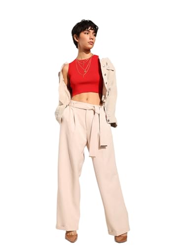ONLY Women Loose Fit High-Rise Beige Pants with Belt