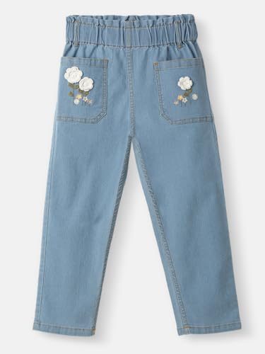 Nautinati Girls' Crochet Flowers Cotton Denim Jeans with Patch Pockets Blue