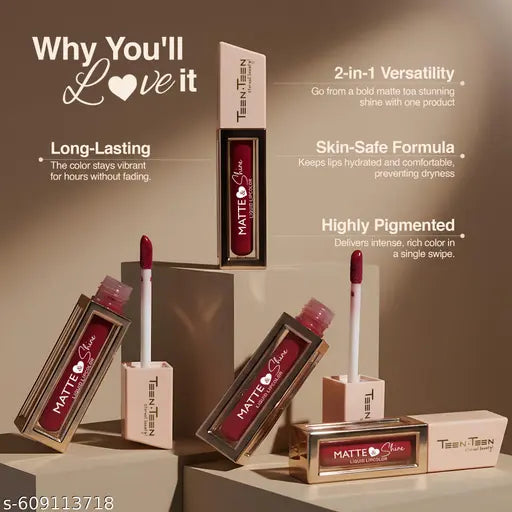 Teen Teen Matte & Shine Liquid Lipcolor Lipstick, Waterproof, Soft Swipe, Longer Stay, Wakeup-Makeup & Rumor-Has-It 4ml