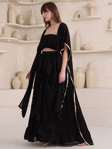 PURVAJA Women’s Maxi Fit & Flare Viscose Ethnic Co-Ords(Razy-030-S_Black)