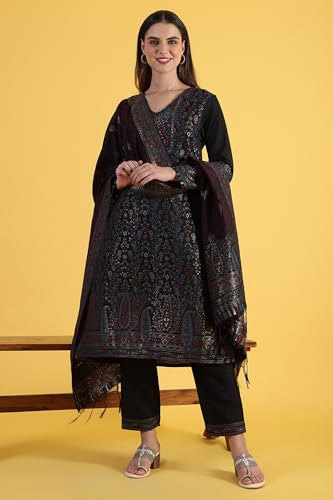 W for Woman Black Yarn Dyed Sequins A-Line Kurta & Straight Pant with Dupatta Set (Size: XS)-24NOWS11842-314128
