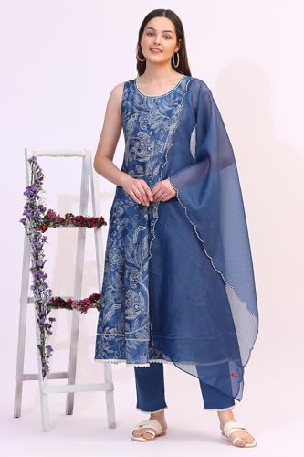 W for Woman Ink Blue Floral Printed Sleeveless Pure Cotton Anarkali Kurta, Pants and Dupatta Set (Size:3XL)-WS11579
