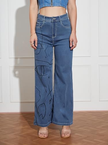 Miss Chase Women's Wide Leg High Rise Hand Painted Stretchable Denim Jeans (MCSS18DEN02-19-391-28, Hazy Blue, 28)