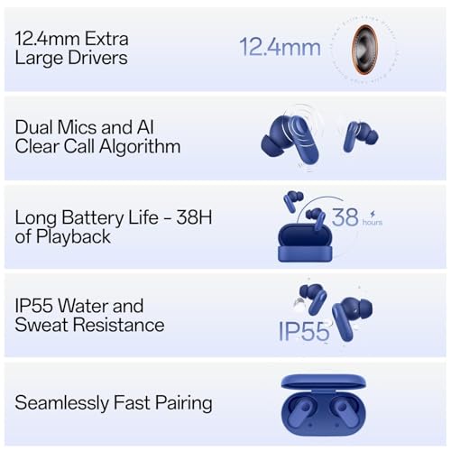 Nord Buds 2R Earbuds for One-Plus Nord 6 Mobile Earbuds with Mic 2r, 12.4mm Drivers, Playback:Upto 48hr case,4-Mic Design, IP55 Rating, TWS Ear Buds with mic (OPBR2-60D)