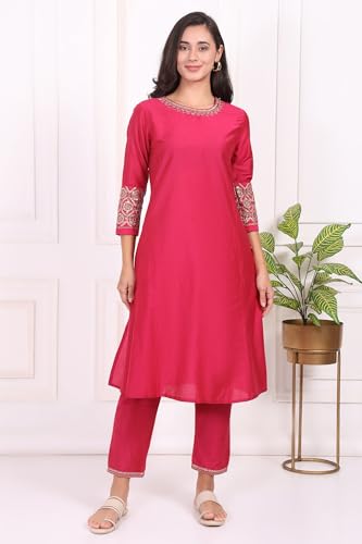W for Woman Pink Solid Embroidered Straight Kurta and Straight Pants Set - (WS13457-224480-M)