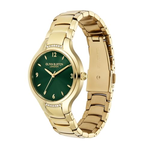 Olivia Burton Lea Qtz Basic Forest Green Round Dial Women's Watch|Ionic Plated Thin Gold Steel Material|Gold Color Band - 24000209