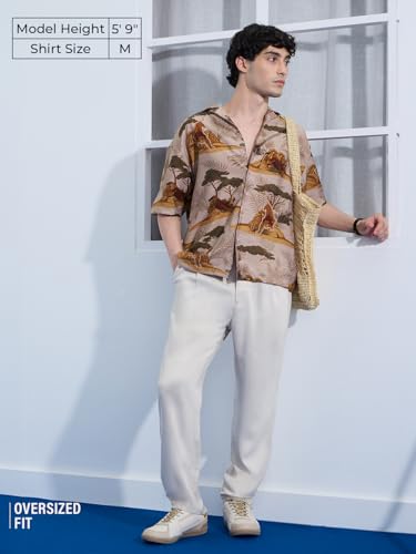 The Souled Store The Lion King: Kingdom Men and Boys Short Sleeves Collared Neck Button Front Brown All Over Printed Viscose Blend Regular Fit Holiday Shirts