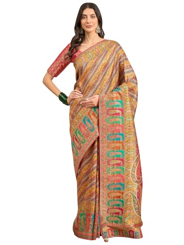 AKHILAM Women's Mustard Viscose Silk Ethnic Motif Printed Saree With Unstitched Blouse Piece (MSTANI26A_HS)