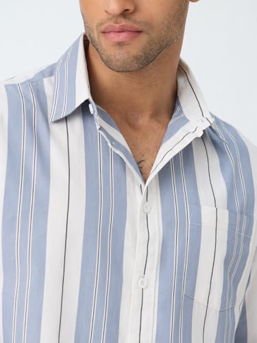 The Souled Store Stripe Shirt: Clash Men and Boys Long Sleeve Spread Collar Light Blue Striped Casual Everyday Office Wear Ligthweight Cotton Relaxed Shirt