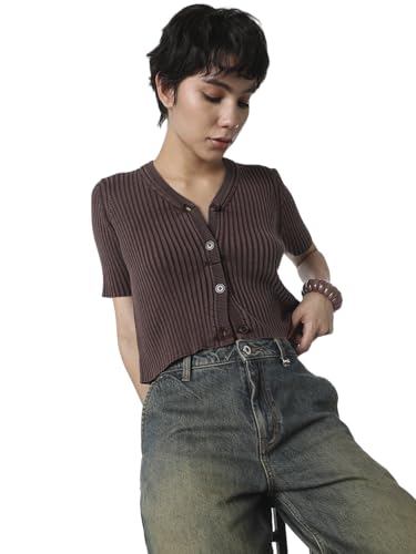 ONLY Women's Self Design Regular Fit Brown Top