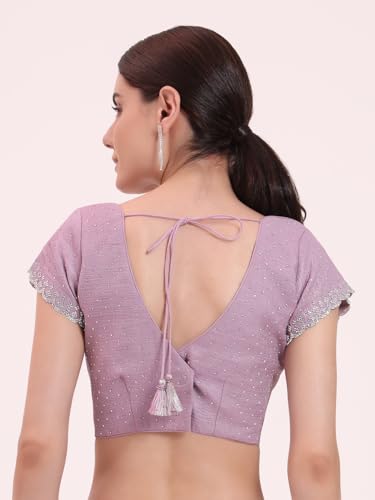 FIORRA Women's Lavender Organza Crushed Siroski Work Embellished Border Saree With Unstitched Blouse