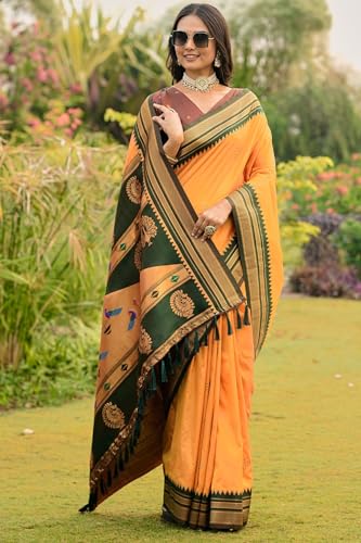 SGF11 Women's Kanjivaram Soft Silk Saree With Unstiched Blouse Piece (Yellow)