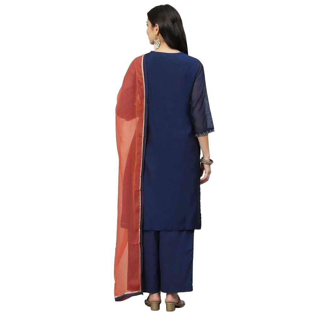 BIBA Polycotton Women Embroidery Narrow Salwar Kurta Dupatta(Skdassorted8339_Navy Blue_42)