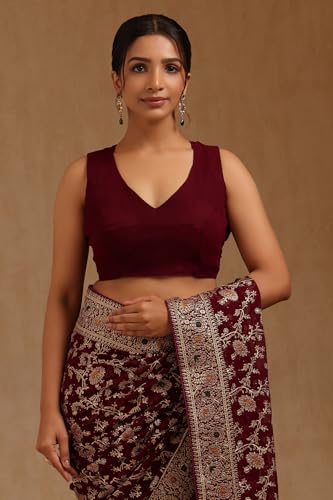 Soch Womens Wine Georgette Embroidered Saree With Stone Work