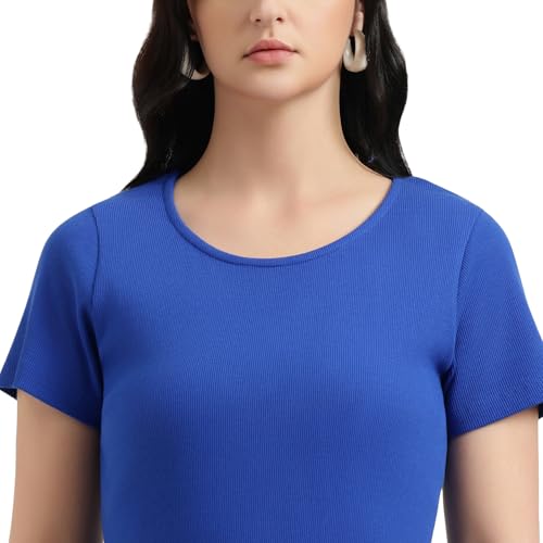 United Colors of Benetton Round Neck Solid Bodycon Dress (Size : M) - 26P3RYCD400YI19R Blue