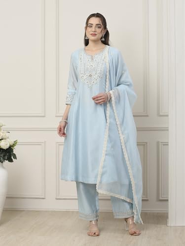 BIBA Women Blue Silk Chanderi Kalidar Suit Set_36
