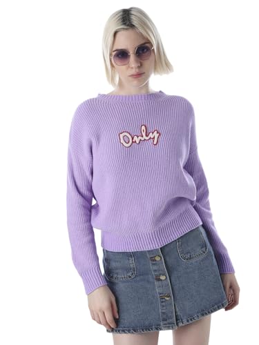 ONLY Women's Typography Regular Fit Lavender Sweater