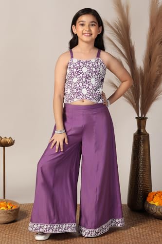 Fashion Dream Girl's Silk Blend Ethnic Top and Palazzo Set |Kids Salwar Suit Set|Embroidered Suit for Girls|Indo Western Set (FDGSET00229 PRP 32_Purple_9-10 Years)
