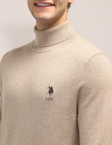 U.S. POLO ASSN. Men's Beige Solid Turtle Neck Long Sleeve Casual Acrylic Regular Fit Pullover Sweater USSWE2253Beige3XL