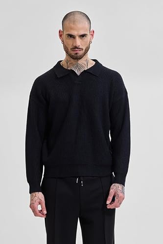 SNITCH Men's Sweater | Relaxed Fit Textured Knit Design | Viscose Blend Fabric with Polo Collar & Full Sleeves | Pullover Style for Casual & Streetwear Occasions |Black