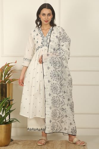 W for Woman White Printed Thread Embroidered Chanderi Kurta, Pants and Kota Dupatta (Size: 2XL)-WS12713-125553