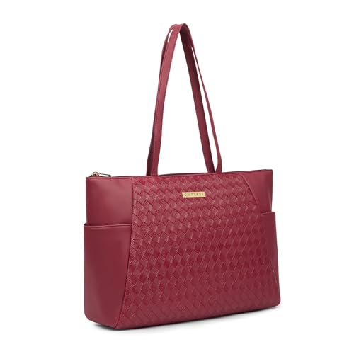 Caprese Patricia 14 Inch Laptop Compatible Large Tote Bag for Women | Stylish, Durable, and Spacious with Multiple Compartments, Back Zipper Pocket for Work, Travel, and Everyday Use (Cherry Red)