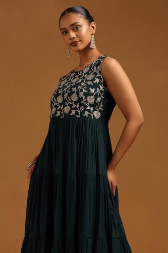 Soch Womens Teal Chanderi Floral Dress with Zari