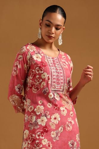 Soch Womens Pink Rayon Floral Print Kurta with Mirror Work