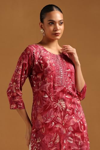 Soch Womens Onion Pink Rayon Floral Print Kurta with Mirror Work