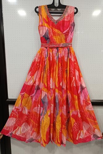 LAXMINARAYAN FASHION-Womens gownWomen's Multicolor Chinon Stitched Gown with Embroidery & Hend Worked Belt Anarkali Gown (in, Alpha, 2XL, Regular, Pink)