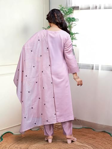 Nefer Women's Chanderi Silk Salwar Suit with Dupatta - Embroidered Kurta Trouser Set - Light Lavender