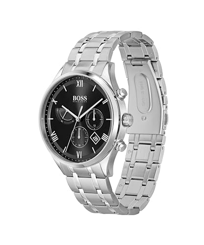 BOSS Hugo Stainless Steel Gallant Analog Black Dial Men Watch-1513891, Silver Band