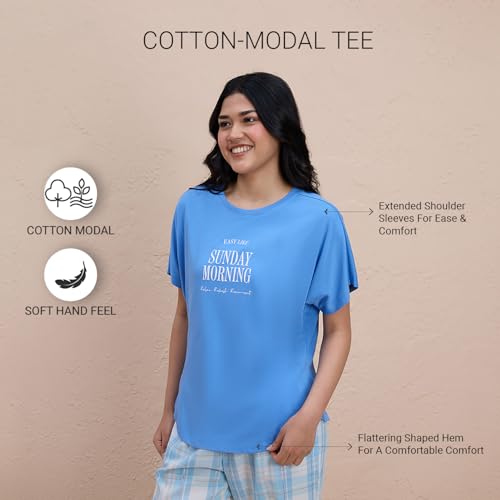 NYKD Buttery Soft Modal Cotton Graphic Tee for Women with Extended Sleeves – Comfortable Relaxed Fit, Stylish Design, Model NYS935 Blue
