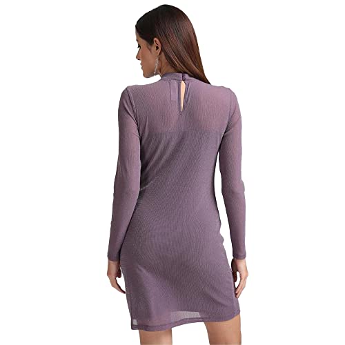 Kazo Solid Polyester Blend High Neck Women's Midi Dress (Purple,Large)