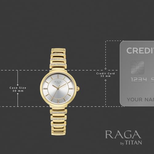 Titan Raga Spotlight with Quartz Analog Silver Dial Gold Brass Strap Watch for Women - 95431YM01