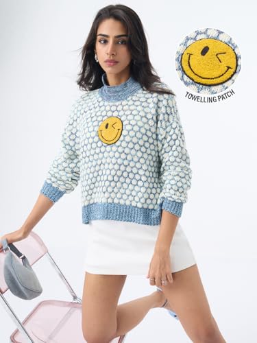 The Souled Store S.W.Smiley: Faces Women and Girls Full Sleeves Mock Neck Light Blue Graphic Acrylic Oversized Fit Sweater