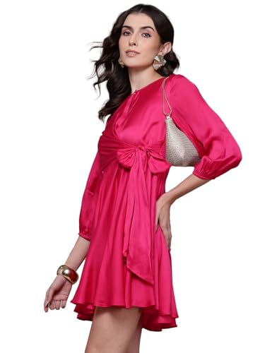 Label RITU KUMAR Round Neck Full Sleeves Solid Short Dress Fuschia