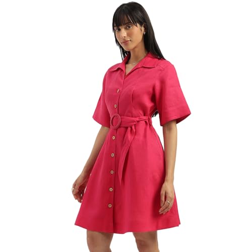 UNITED COLORS OF BENETTON Shirt Collar Solid A-Line Dress (Size: S)-25P4WVNDR150I02E Pink