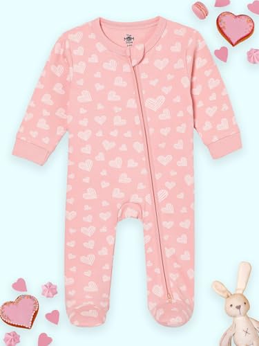 The Mom Store Baby Zipper Romper For Boys And Girls | Cotton | Soft Infant Bodysuit | Trendy Stylish Sleepsuit Nightsuit For Newborn Baby | Printed | Rosy Hearts, Pink | 3-6M