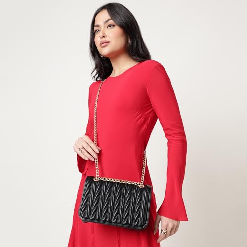 Fastrack QuiltGrid Shoulder Bag | Faux-Leather Women’s Handbag | Diamond Quilted Design | Adjustable Chain Strap | Zipper & Magnetic Closure | Gold-Finish Hardware
