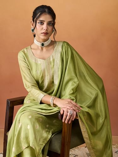 Hritika Green Pure Silk Woven Kurta with Pants and Dupatta Set | Ethnic Set | Suit Set | Kurta Set | Wedding Suit Set for Women