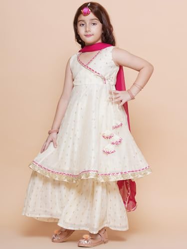 Bitiya By Bhama Girls Off White Woven Design Angrakha Gotta Patti Kurta with Sharara & Dupatta(TKS167)