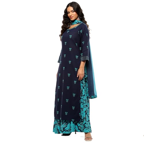 BIBA Women's Cotton Kurta Sets (SKDTNBNA9846AW24NAV_Blue