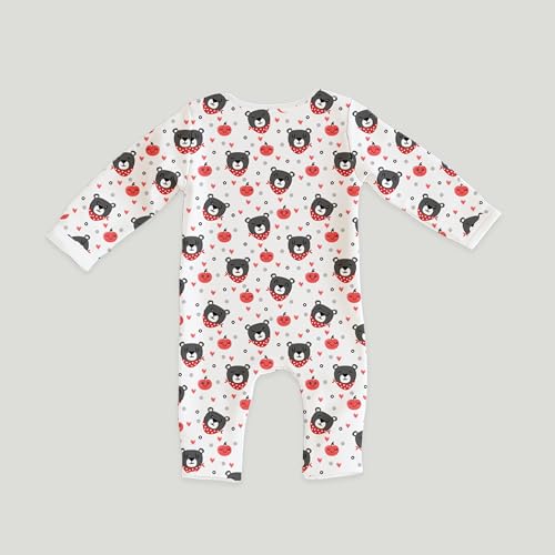 Kidbea Organic Cotton Full Sleeve Romper | Leaf & Bear Print Romper/Bodysuit (Grey, Pink & Green, 18-24 Months)